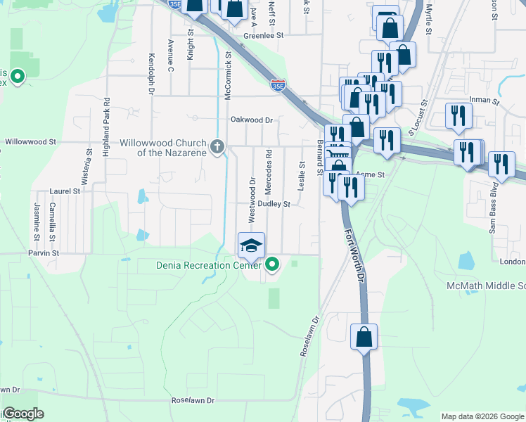 map of restaurants, bars, coffee shops, grocery stores, and more near 2118 Jacqueline Drive in Denton