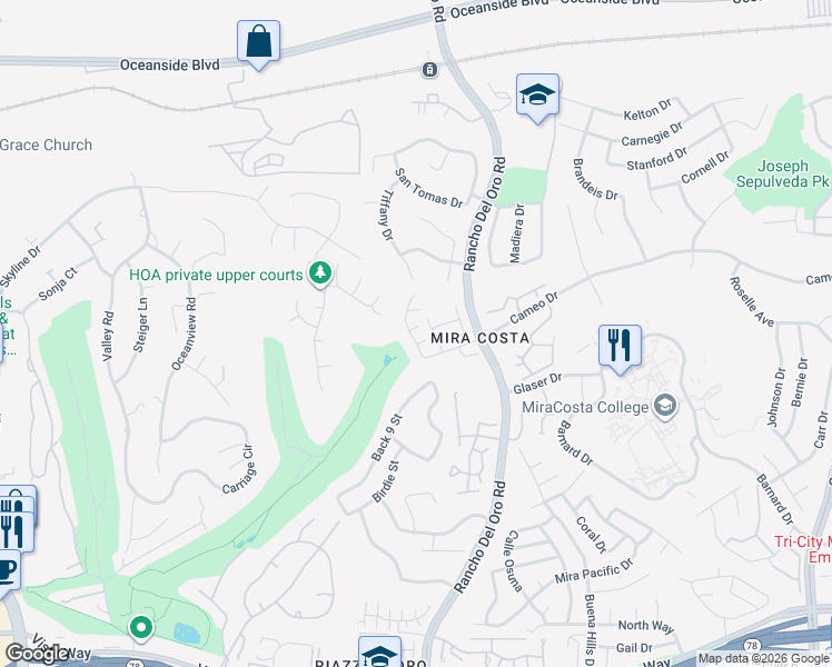 map of restaurants, bars, coffee shops, grocery stores, and more near 2180 Anda Lucia Way in Oceanside