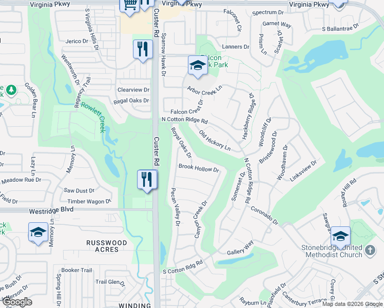 map of restaurants, bars, coffee shops, grocery stores, and more near 1101 Royal Oaks Drive in McKinney