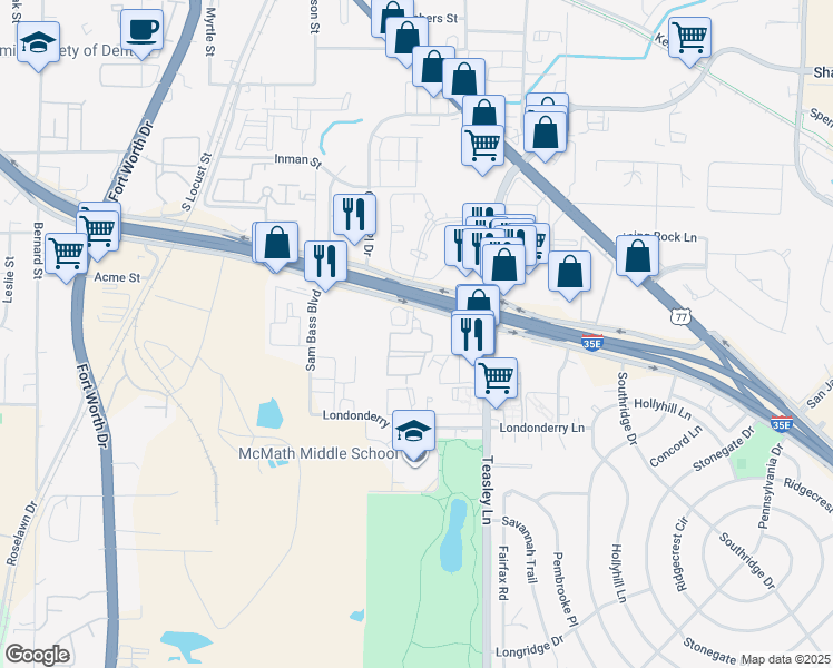 map of restaurants, bars, coffee shops, grocery stores, and more near Interstate 35E in Denton