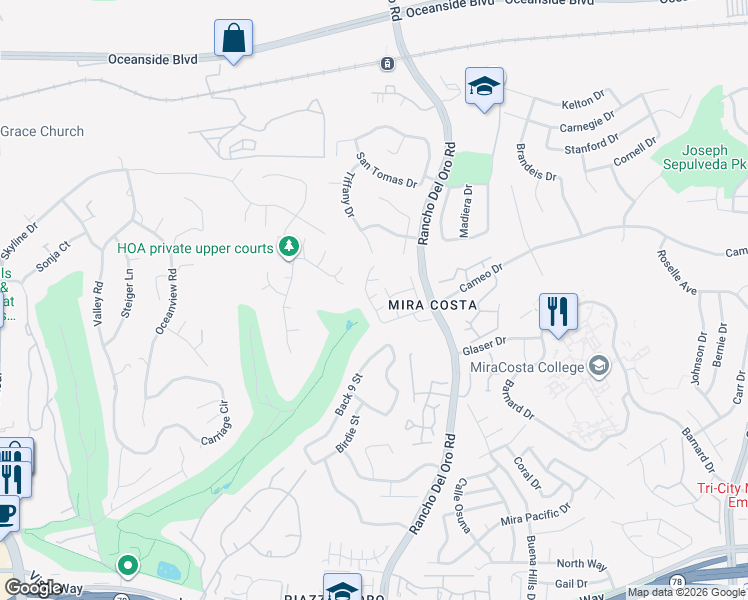 map of restaurants, bars, coffee shops, grocery stores, and more near 2180 Anda Lucia Way in Oceanside