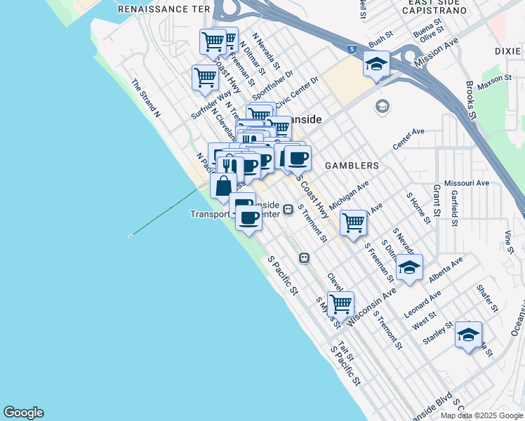 map of restaurants, bars, coffee shops, grocery stores, and more near 102 South Myers Street in Oceanside