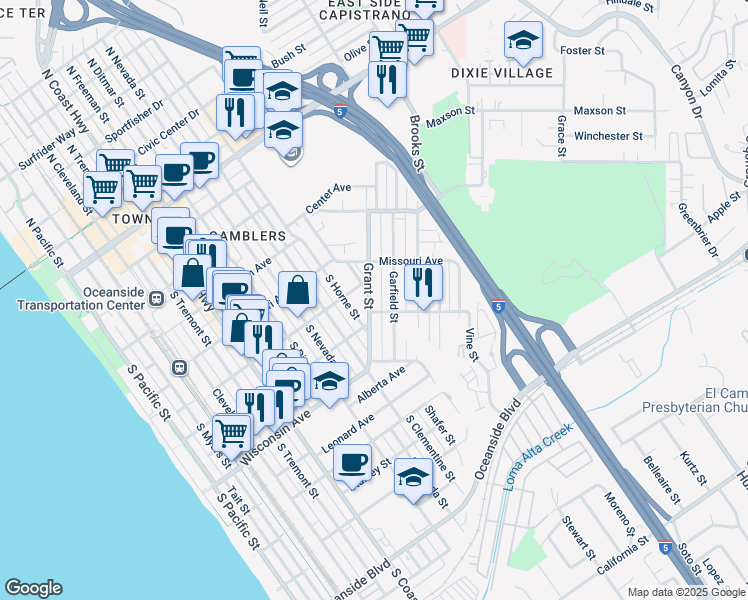 map of restaurants, bars, coffee shops, grocery stores, and more near 540 Grant Street in Oceanside