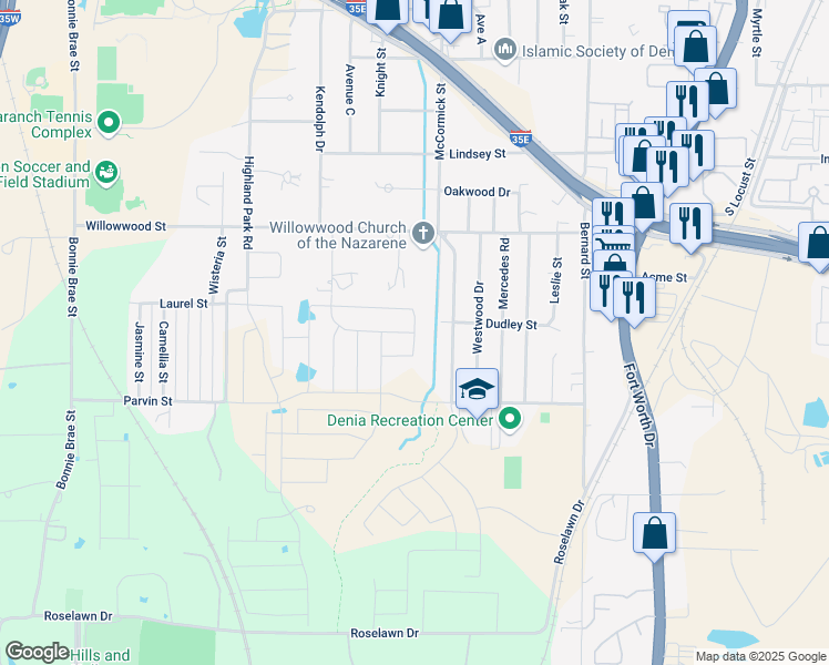 map of restaurants, bars, coffee shops, grocery stores, and more near 2398 Kendolph Drive in Denton