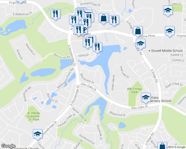 map of restaurants, bars, coffee shops, grocery stores, and more near 804 Lake Creek Drive in McKinney