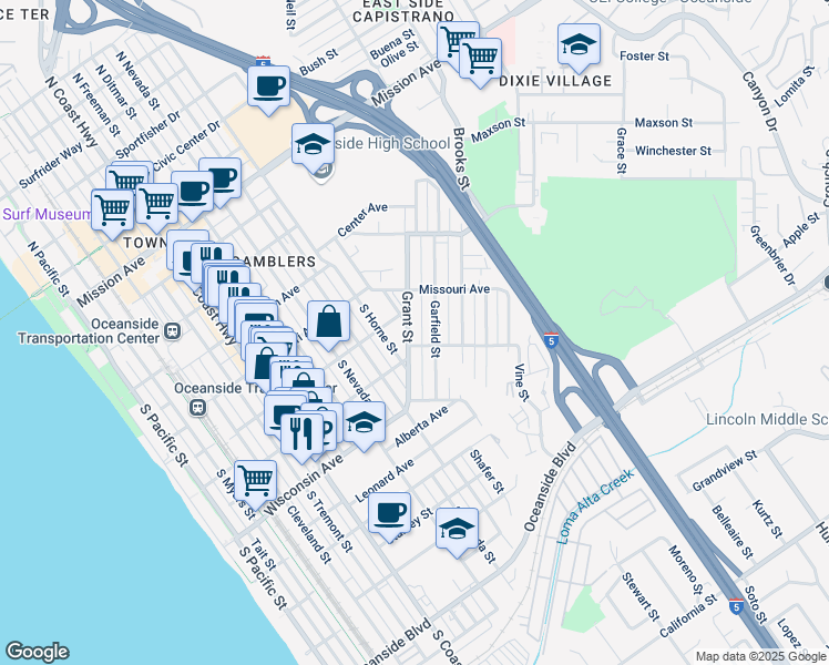map of restaurants, bars, coffee shops, grocery stores, and more near 1014 Washington Avenue in Oceanside