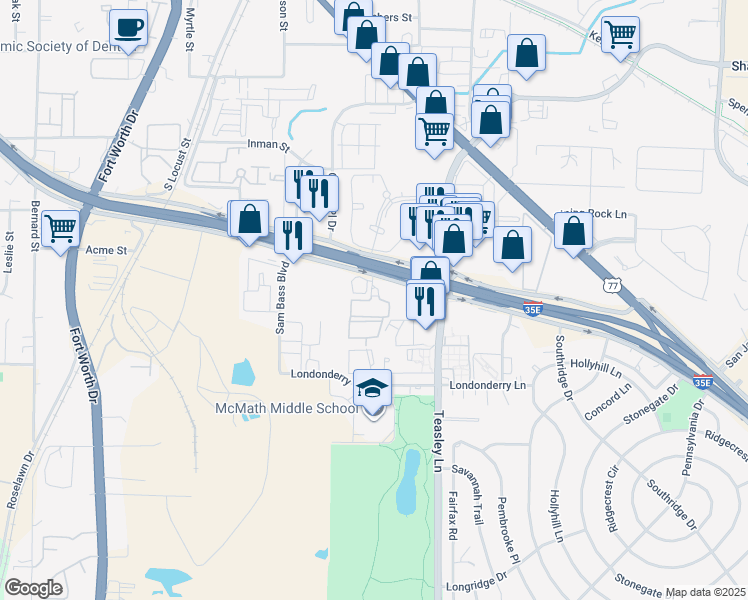 map of restaurants, bars, coffee shops, grocery stores, and more near Interstate 35E in Denton