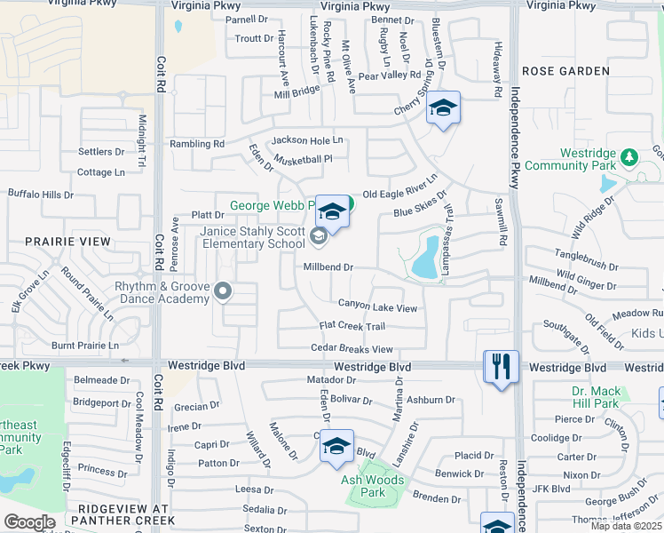 map of restaurants, bars, coffee shops, grocery stores, and more near 615 Dripping Springs Lane in McKinney
