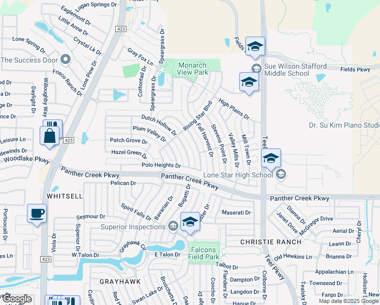 map of restaurants, bars, coffee shops, grocery stores, and more near 13881 Badger Creek Drive in Frisco