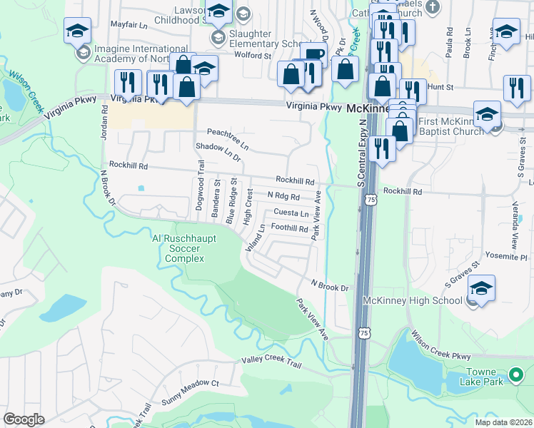map of restaurants, bars, coffee shops, grocery stores, and more near 2334 Cuesta Lane in McKinney