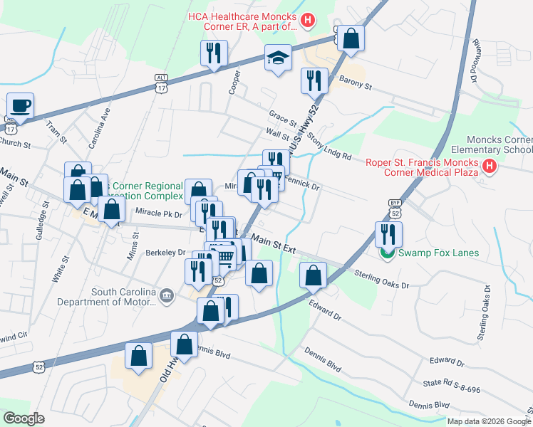 map of restaurants, bars, coffee shops, grocery stores, and more near 112 U.S. 52 in Moncks Corner
