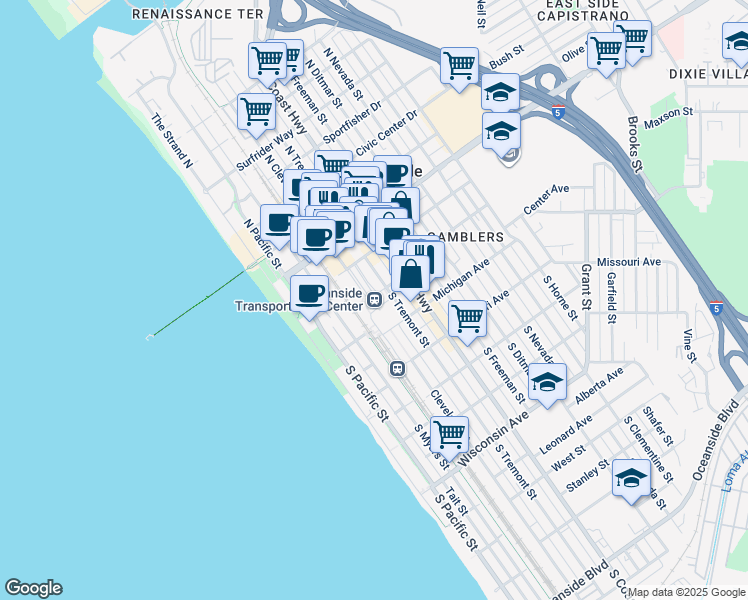 map of restaurants, bars, coffee shops, grocery stores, and more near 235 South Tremont Street in Oceanside