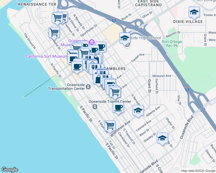 map of restaurants, bars, coffee shops, grocery stores, and more near 237 South Freeman Street in Oceanside