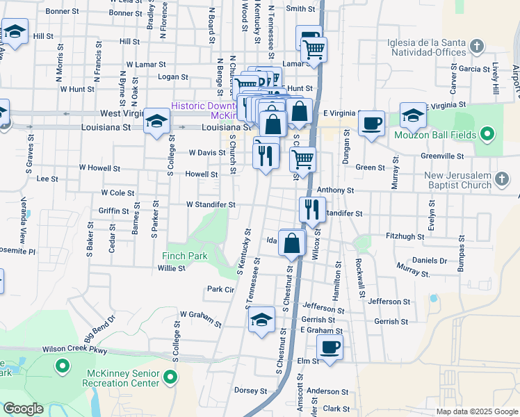 map of restaurants, bars, coffee shops, grocery stores, and more near 407 South Tennessee Street in McKinney