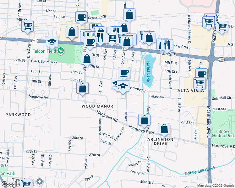 map of restaurants, bars, coffee shops, grocery stores, and more near 2000 1st Avenue in Tuscaloosa