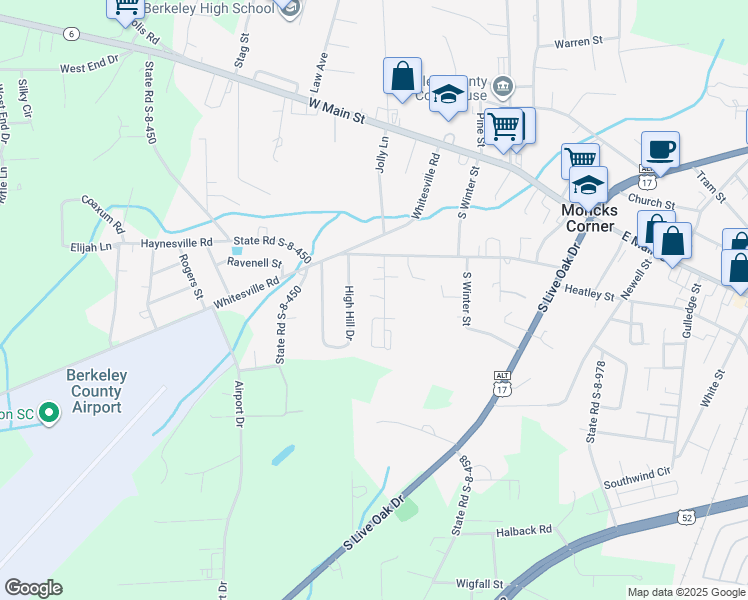 map of restaurants, bars, coffee shops, grocery stores, and more near 221 Bonnoitt Street in Moncks Corner