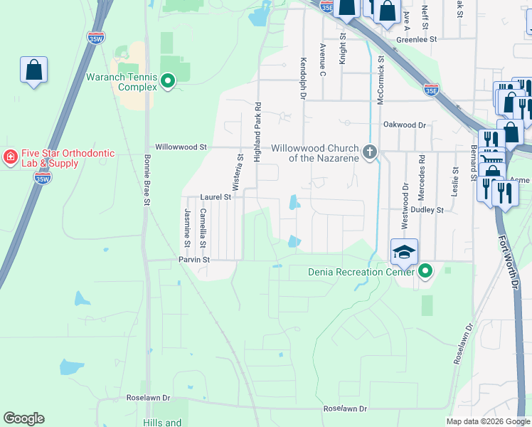 map of restaurants, bars, coffee shops, grocery stores, and more near 2111 Highland Park Road in Denton