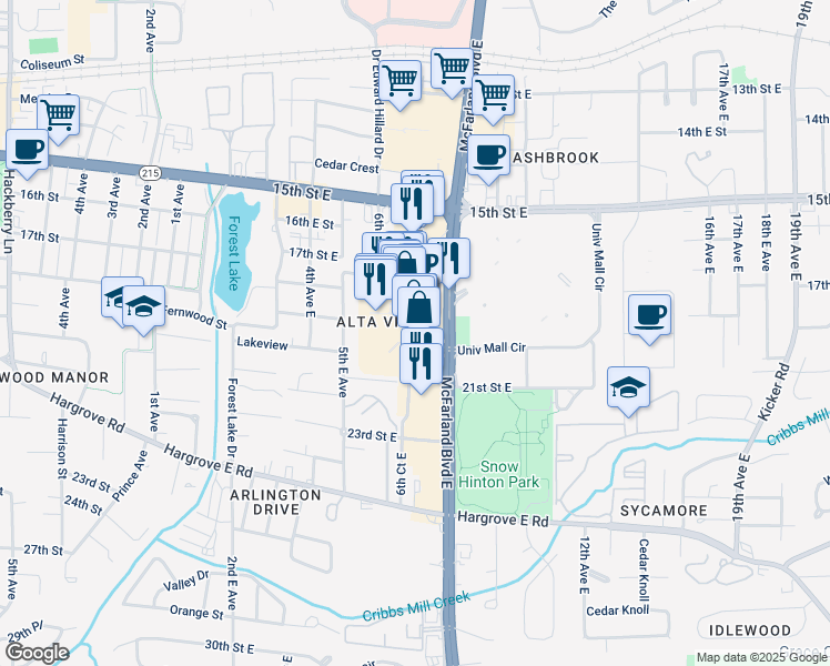 map of restaurants, bars, coffee shops, grocery stores, and more near 1800 McFarland Boulevard East in Tuscaloosa
