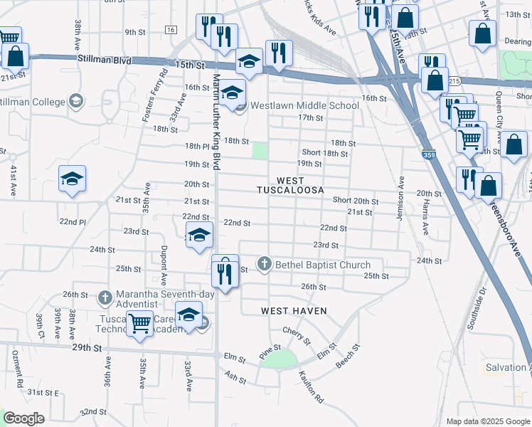 map of restaurants, bars, coffee shops, grocery stores, and more near 3001 21st Street in Tuscaloosa