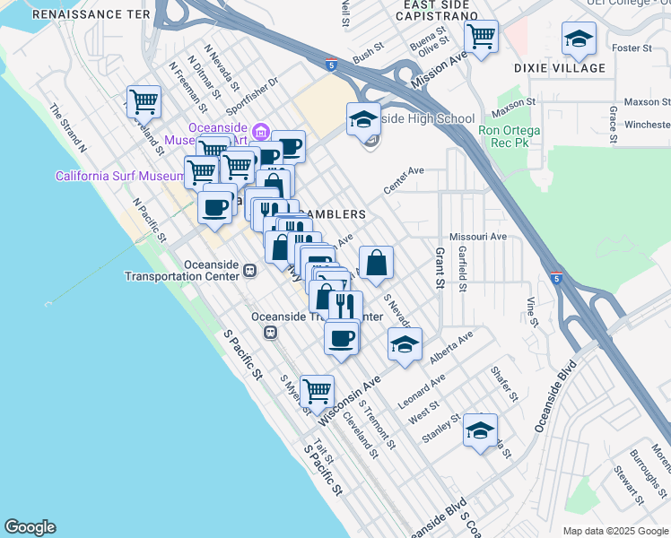 map of restaurants, bars, coffee shops, grocery stores, and more near 312 South Ditmar Street in Oceanside