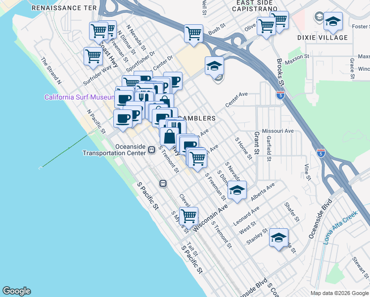 map of restaurants, bars, coffee shops, grocery stores, and more near 237 South Freeman Street in Oceanside