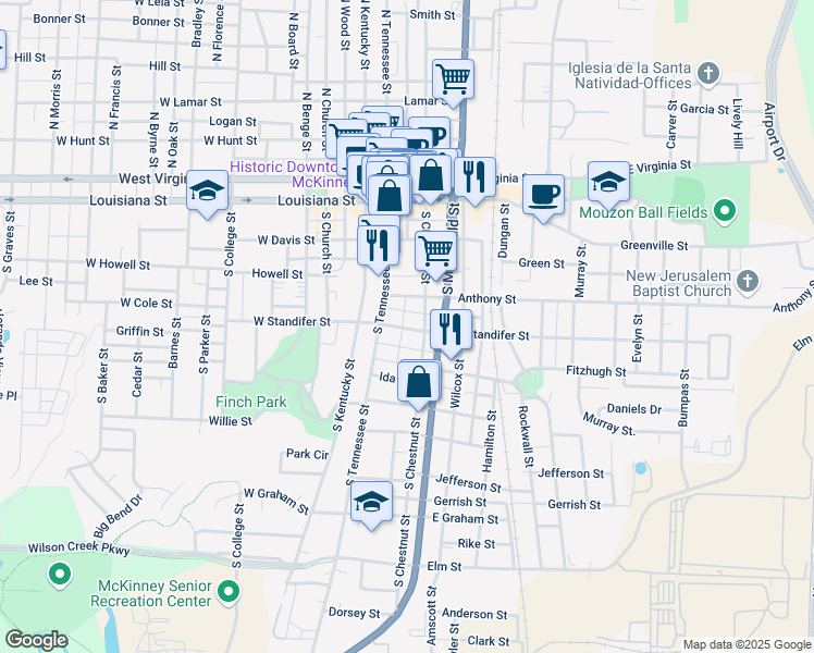 map of restaurants, bars, coffee shops, grocery stores, and more near 405 South Chestnut Street in McKinney