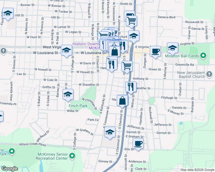 map of restaurants, bars, coffee shops, grocery stores, and more near 330 South Kentucky Street in McKinney