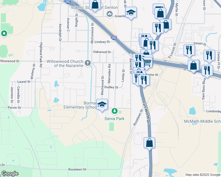 map of restaurants, bars, coffee shops, grocery stores, and more near 2118 Jacqueline Drive in Denton