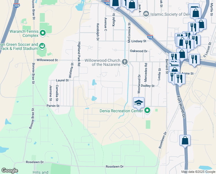 map of restaurants, bars, coffee shops, grocery stores, and more near 2398 Kendolph Drive in Denton