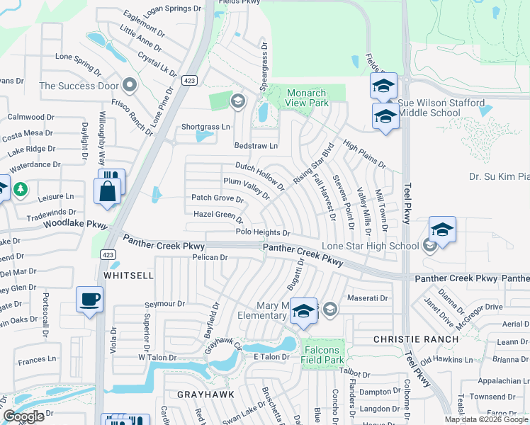 map of restaurants, bars, coffee shops, grocery stores, and more near 13825 Grayhawk Boulevard in Frisco