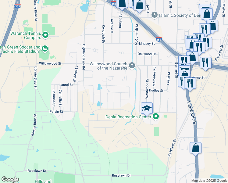 map of restaurants, bars, coffee shops, grocery stores, and more near 2398 Kendolph Drive in Denton