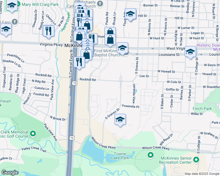 map of restaurants, bars, coffee shops, grocery stores, and more near 1701-1765 Rockhill Rd in McKinney