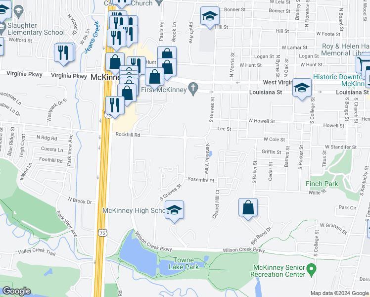map of restaurants, bars, coffee shops, grocery stores, and more near 529 South Graves Street in McKinney