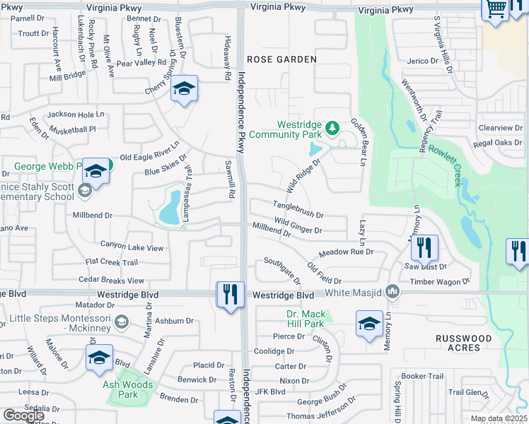 map of restaurants, bars, coffee shops, grocery stores, and more near 9924 Wild Ginger Drive in McKinney