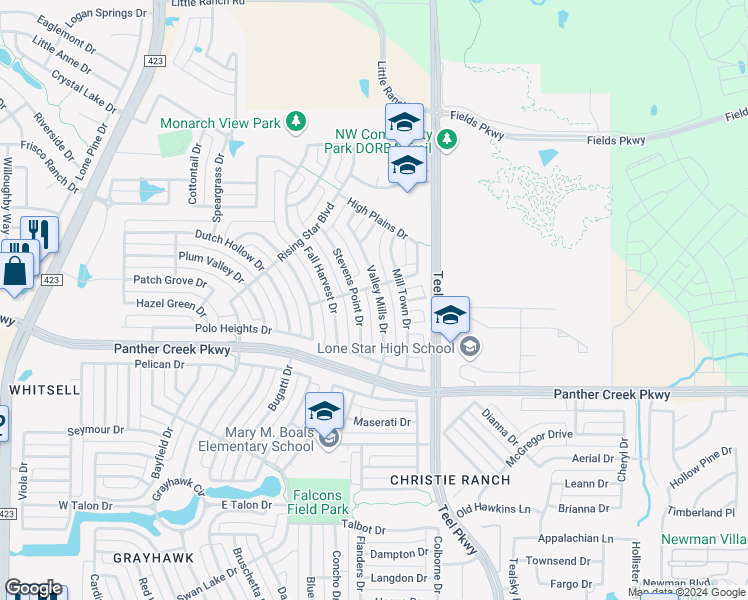 map of restaurants, bars, coffee shops, grocery stores, and more near 13835 Valley Mills Drive in Frisco