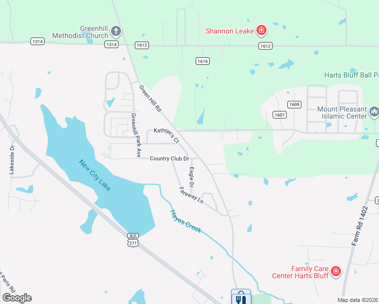 map of restaurants, bars, coffee shops, grocery stores, and more near 2610 Farm to Market Road 2152 in Mount Pleasant