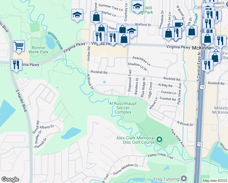 map of restaurants, bars, coffee shops, grocery stores, and more near 2700 North Brook Drive in McKinney