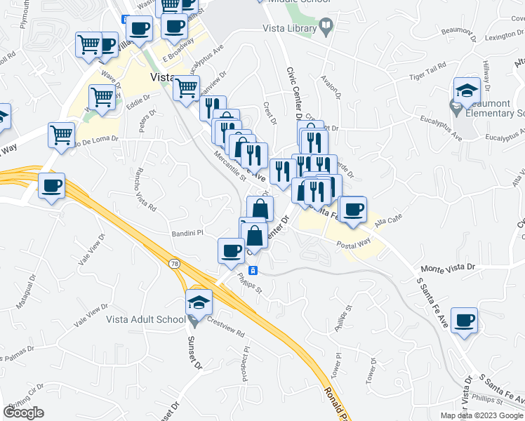 map of restaurants, bars, coffee shops, grocery stores, and more near 152 Pala Vista Drive in Vista