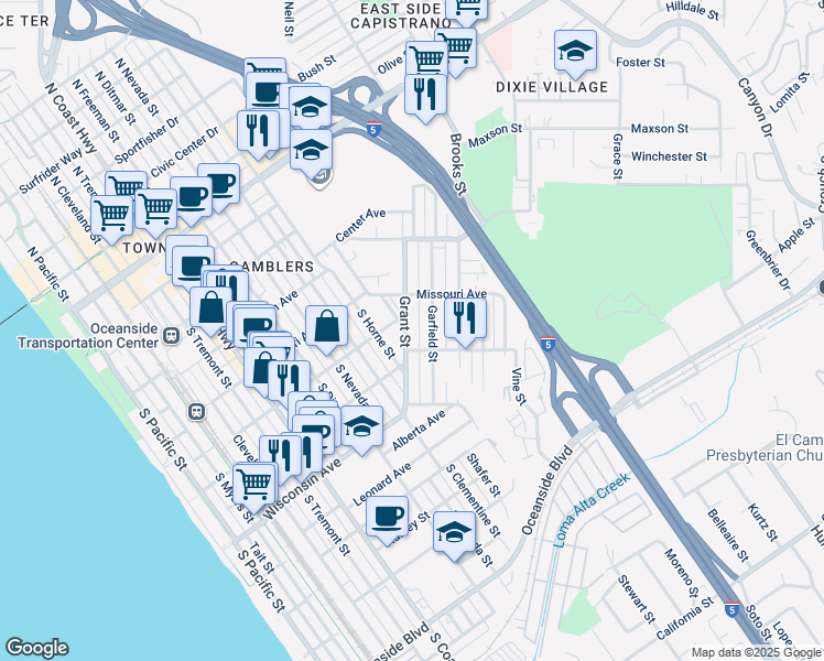 map of restaurants, bars, coffee shops, grocery stores, and more near 1014 Washington Avenue in Oceanside