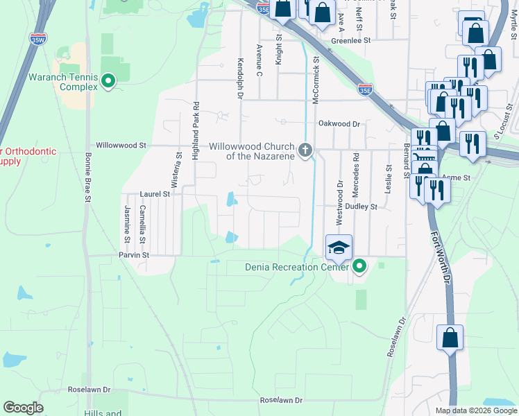 map of restaurants, bars, coffee shops, grocery stores, and more near 2398 Kendolph Drive in Denton