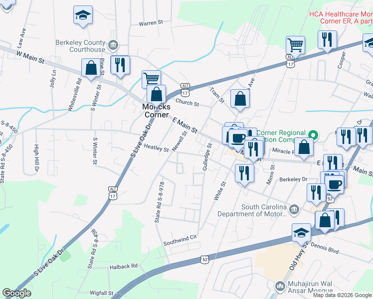 map of restaurants, bars, coffee shops, grocery stores, and more near 112 Stoney Avenue in Moncks Corner