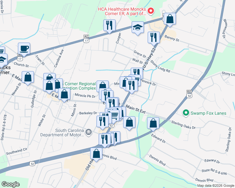 map of restaurants, bars, coffee shops, grocery stores, and more near 111 Gadsden Street in Moncks Corner