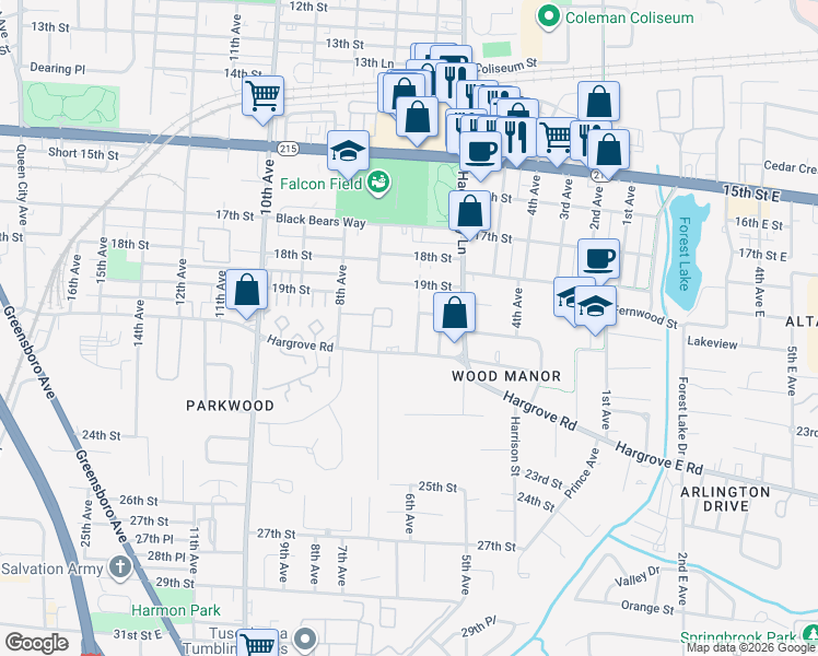 map of restaurants, bars, coffee shops, grocery stores, and more near 2001 6th Avenue in Tuscaloosa