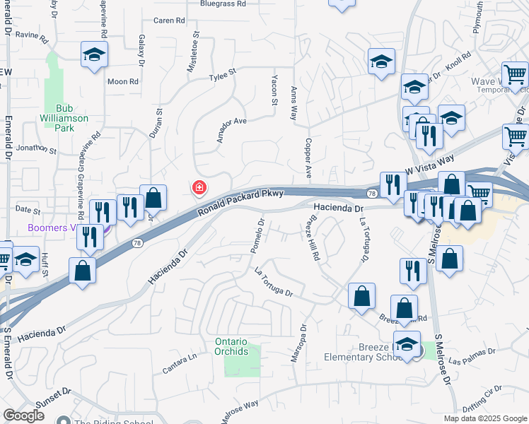 map of restaurants, bars, coffee shops, grocery stores, and more near Hacienda Drive & Pomelo Drive in Vista