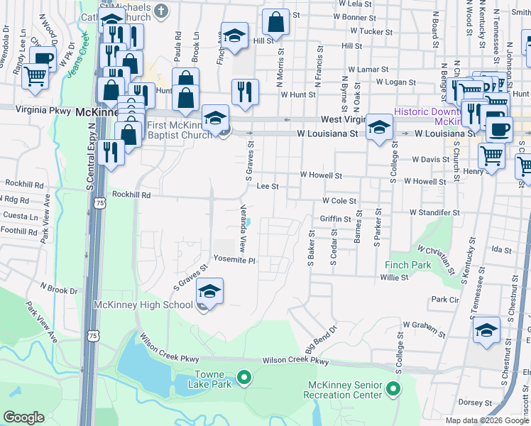 map of restaurants, bars, coffee shops, grocery stores, and more near 1508 Steepleview Lane in McKinney