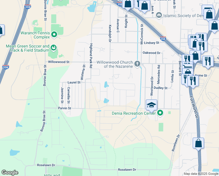 map of restaurants, bars, coffee shops, grocery stores, and more near 2020 Kendolph Drive in Denton