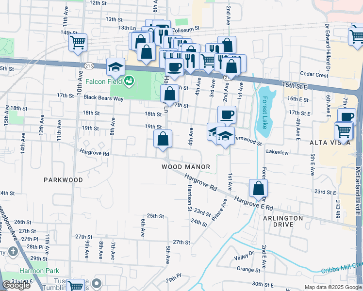 map of restaurants, bars, coffee shops, grocery stores, and more near 25 Wood Manor in Tuscaloosa