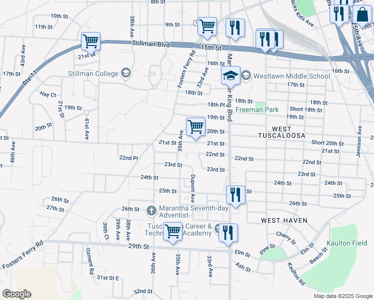 map of restaurants, bars, coffee shops, grocery stores, and more near 3403 21st St in Tuscaloosa
