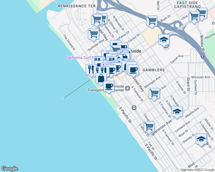 map of restaurants, bars, coffee shops, grocery stores, and more near 102 North Pacific Street in Oceanside