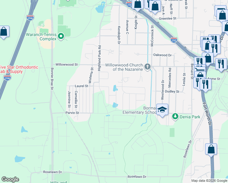map of restaurants, bars, coffee shops, grocery stores, and more near 2020 Kendolph Drive in Denton